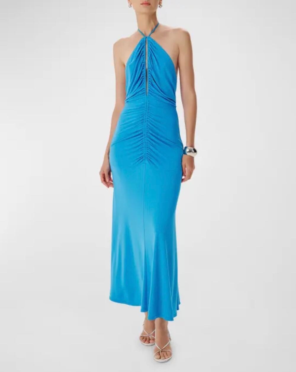 NWT Ronny Kobo Pool Blue Idris Ruched Backless Halter Maxi Dress Size XS
